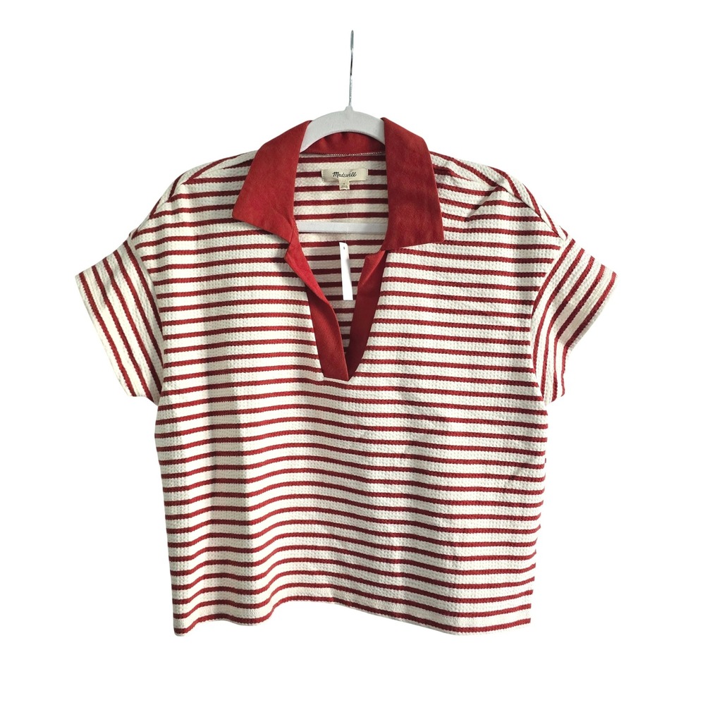 Madewell Polo Shirt Women Small Red NWT Knit Striped Short Sleeve Top - Picture 2 of 6